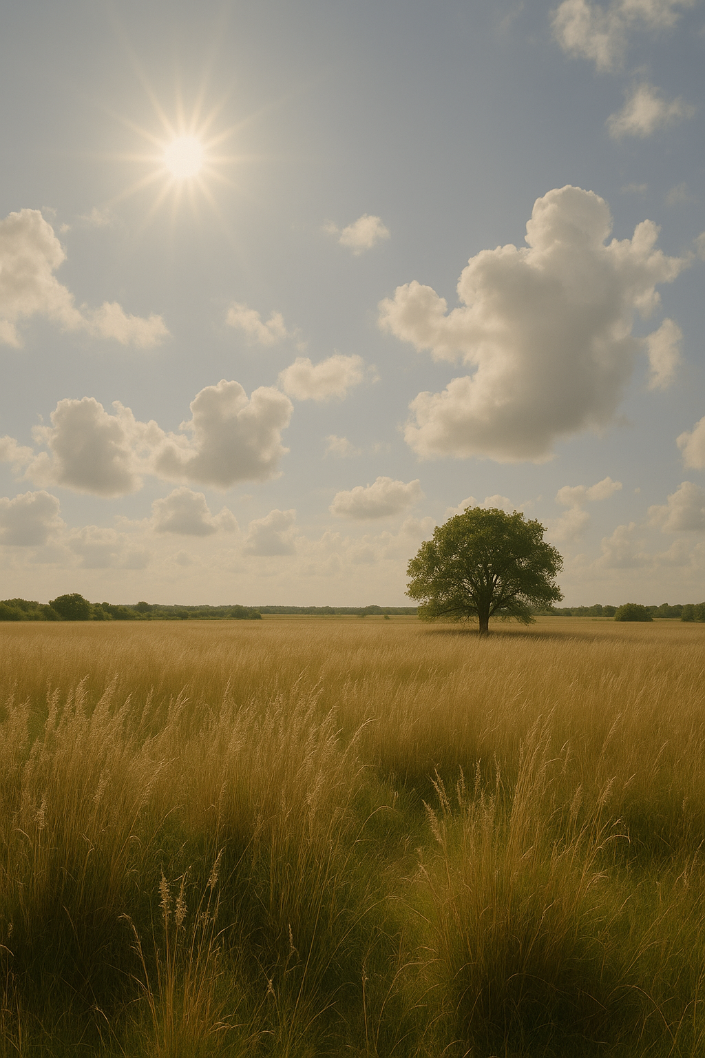 Golden field with a single tree under a soft sky.